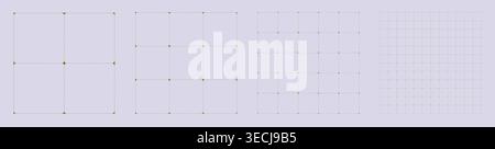 Square grid collection dashed line Star geometry, four samples blueprint style. Broken stroke lattice structure, interface layouts editorial compositions planning sheets dashboards digital technology  Stock Vector