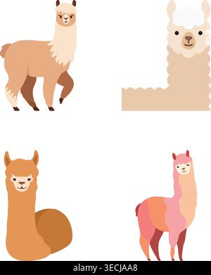 A cute flat illustration set featuring llama and alpaca characters in different poses and styles Stock Vector