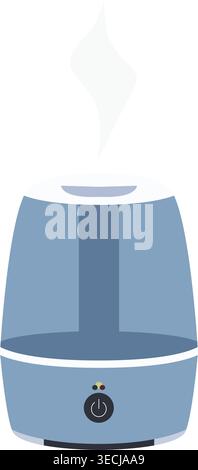 Simple illustration of a compact blue humidifier releasing a soft white stream of mist from the top. Stock Vector