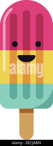 Cute illustration of a pastel rainbow frozen treat with a smiling face rounded top and wooden stick. Stock Vector