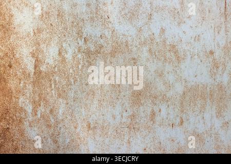 Macro horizontal full frame background texture of old rusty light grey metal wall surface with corrosion stains Stock Photo