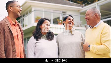 Happy family, couple or laughing with parents in backyard for funny joke, comedy or humor together. Senior mom, dad and people bonding with smile Stock Photo