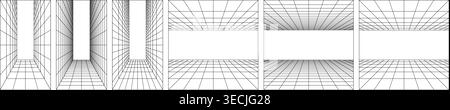 Arcade grid bg and ai ground lab. 3D y2k game with single vanishing point line blueprint. Metaverse tron space of simple tile floor. Perspective math Stock Vector