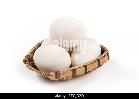 White goose eggs filling a small woven basket, isolated on white background Stock Photo