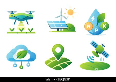 Modern gradient vector icon set focused on smart farming, agriculture technology and sustainable eco solutions. Collection includes drone monitoring, Stock Vector