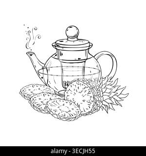 Pineapple Tea in Teapot Outline Illustration. Stock Vector