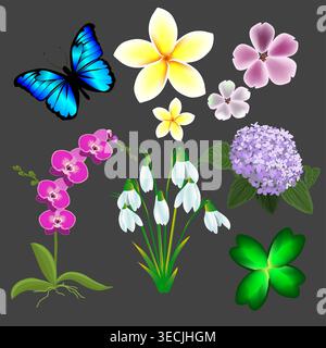 Objects flowers and butterflies gradient on gray background. Hand drawn. Not AI, vector illustration Stock Vector