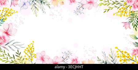 Horizontal long floral spring frame with mimosa . Hand drawn. Not AI, vector illustration Stock Vector