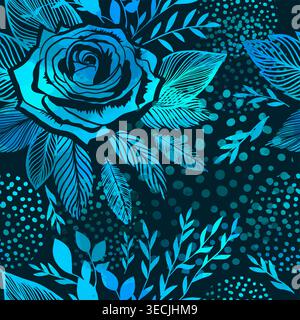 Seamless background with blue neon flowers rose. Hand drawn. Not AI, vector illustration Stock Vector