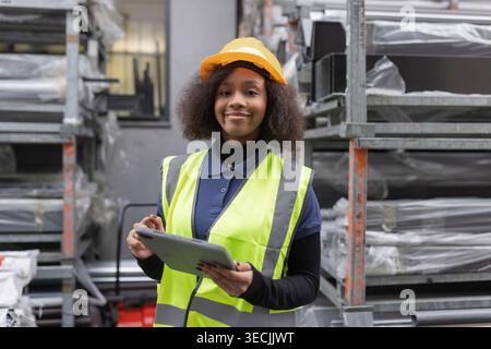 Female worker in a metal products factory taking inventory of goods and checking the stocks in an open warehouse using a digital tablet. Stock Photo