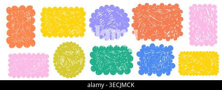 Scribble crayon doodle scalloped frames set. Chalk grunge girly blobs for text. Fluffy, wiggle label, stamp. Wavy whimsical edges curly doodle border. Vector illustration Stock Vector