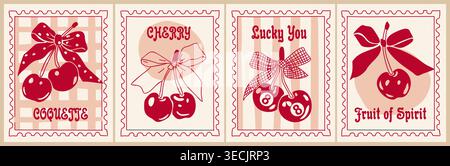 Trendy retro poster set with coquette cherries Stock Vector