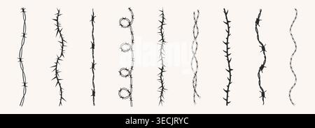 Barbed wire silhouette border, fence. Spiked wire with sharp barbs along its perimeter. Twisted ring y2k, round border tattoo, gothic textured steel frame,. Vector illustration Stock Vector