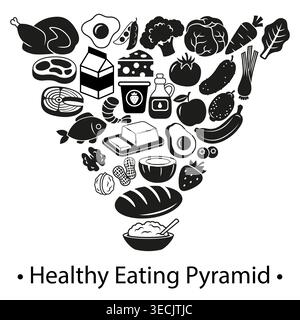 Healthy eating pyramid with food icons in balanced nutrition chart, black and white diet infographic showing groups of daily foods Stock Vector
