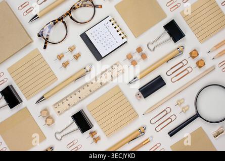 Symmetrical stationery flat lay with office supplies. Stock photo Stock Photo