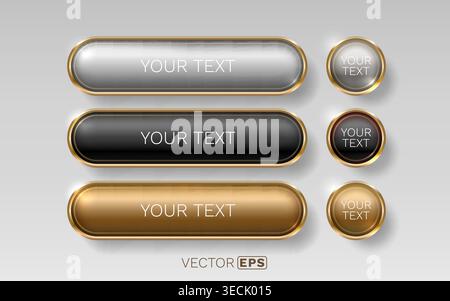 Stylish metallic web buttons with golden frames in silver, black, and gold colors, perfect for modern UI design. Vector illustration. Stock Vector