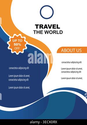 Travel the world flyer design template with abstract wavy background. Stock Vector
