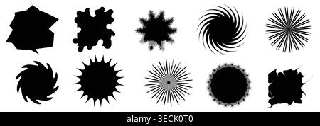 Vector set of diverse black shapes featuring circular bursts spiral vortex sunbeams jagged explosions and organic ink blot elements for graphic design Stock Vector