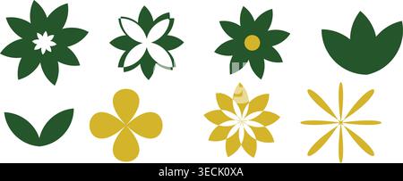 Set of abstract flower and leaf shapes in green and yellow colors vector illustration. Stock Vector