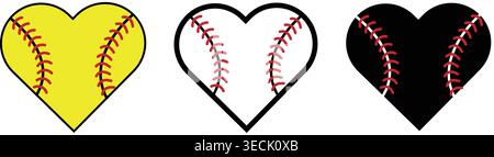 Set of three softball heart vector illustrations representing love for baseball sport, perfect for graphic design. Stock Vector