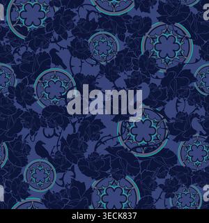 Gothic Rose and Cathedral Window Seamless vector Pattern with Ravens on Dark Blue Background Stock Vector