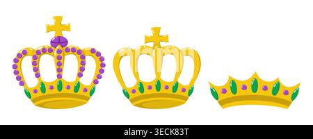 Set of golden crowns with purple and green gemstones. Royal headwear and tiaras. Vector illustration  Stock Vector