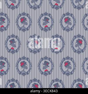 Victorian Gothic Cameo Seamless vector Pattern with Portrait Frames on Gray Striped Background Stock Vector