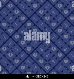 Romantic Gothic Lock and Key Seamless Vector Pattern with Heart Locks on Blue Background Stock Vector