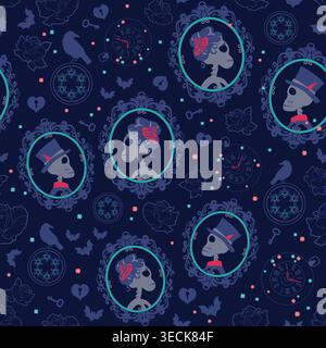 Whimsical Gothic Romance Seamless vector Pattern with Victorian Cameos Clocks Ravens and Roses Stock Vector