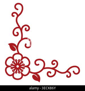 Red floral corner ornament with swirling vines. Decorative element of blossoming plum or cherry, isolated on white. Vector illustration Stock Vector
