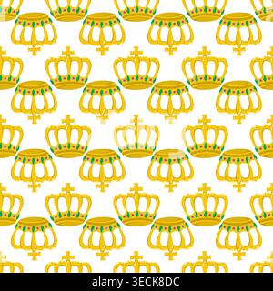 Seamless pattern with golden crowns and colorful gemstones. Royal gold headwear background on white. Vector illustration  Stock Vector