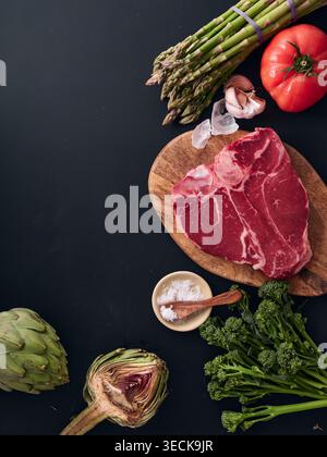 A raw t-bone steak rests on a wooden board surrounded by fresh vegetables such as asparagus, tomato, and artichoke. Salt and garlic are ready for cook Stock Photo