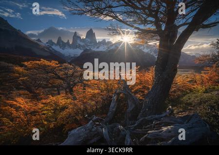 Dramatic sunrise over Mount Fitz Roy in Patagonia, Argentina, with sunburst lighting jagged granite peaks, snowy ridges, and golden autumn forest in t Stock Photo