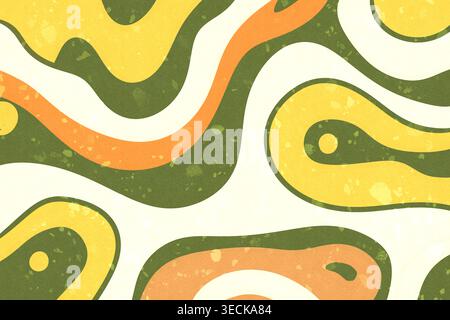 Abstract organic seamless pattern with flowing wavy shapes in earthy green, mustard yellow, cream, and orange. Retro texture background for wallpaper, Stock Photo
