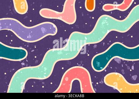 Abstract organic pattern of flowing wavy shapes in pastel teal, coral, yellow and cream on a deep purple background, with speckled texture for modern Stock Photo