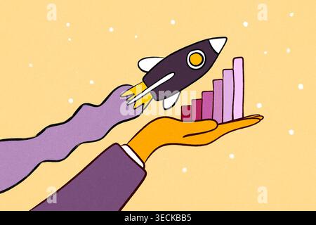 Illustration of a rocket launching from a business hand beside an upward bar chart, symbolizing innovation, startup growth, strategy, success, and fut Stock Photo