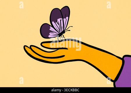 Minimal illustration of a hand releasing a butterfly on a soft background, symbolizing business innovation, transformation, growth mindset, and new op Stock Photo