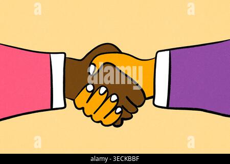 Colorful flat illustration of two hands shaking, symbolizing business partnership, trust, deal making, collaboration, and innovation concept on a clea Stock Photo