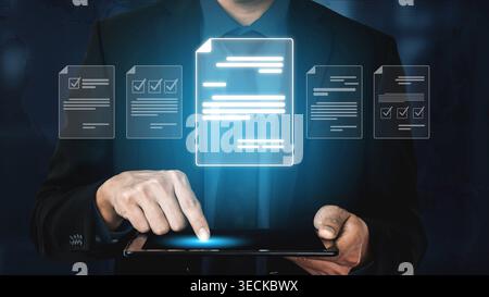 Online document management, cloud-based document access, secure digital file storage, paperless document workflow, and online document sharing for Stock Photo