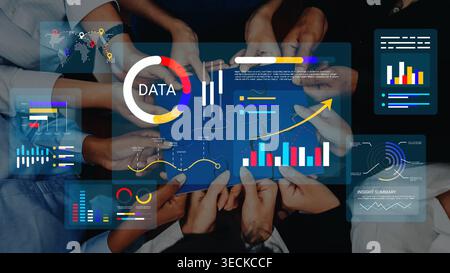 Diverse Group Collaborating on Data Analysis with Graphical Visualization and Charts, Insights and Performance Metrics in a Modern Workspace Stock Photo