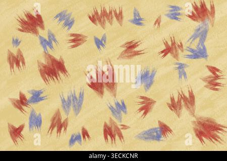 Abstract illustration pattern with red and blue feather like brush shapes scattered on a warm beige textured background, creating a soft painterly sur Stock Photo