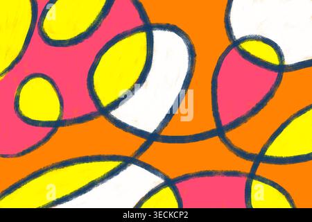 Colorful abstract pattern texture background featuring bright pink, yellow, orange, and white organic shapes with dark outlines, creating a playful mo Stock Photo