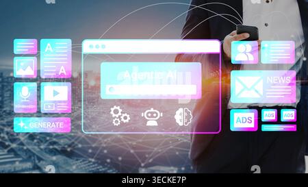 Futuristic Businessman Using Mobile Phone with Digital Interface Displaying AI, Ads, News, and Generative Tools in Urban Setting Gluon. Stock Photo