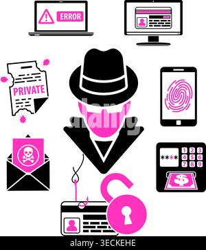 Cyber Crime Concept with Flat Icons for Flyer, Poster, Web Site on Theme Phishing. Stock Vector