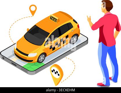 Man orders taxi from smartphone. Online taxi 24 hour service concept with people, car, map and route pin. isometric icons. isolated vector illustratio Stock Vector