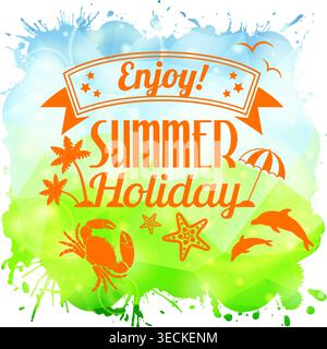 Grunge Summer Poster on Triangle Colorful Mosaic Pattern with Palm Tree, Dolphin, Crab and Typography Stock Vector