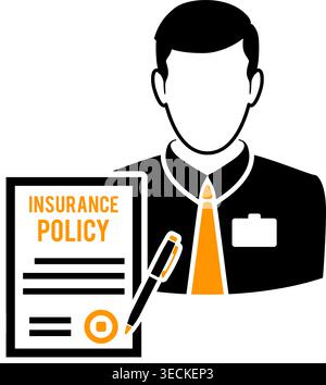 Insurance Agent two color Flat Icon for Web Site, Advertising with Policy and pen. isolated vector illustration Stock Vector