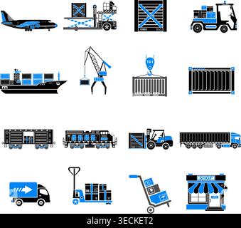 Cargo Transport, Packaging, shipping and logistics two color sticker Icon Set such as Truck, air cargo, Train, Shipping. Vector illustration Stock Vector