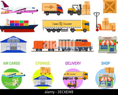 Storage and delivery Concept infographics with flat Icons air cargo, shop. vector illustration Stock Vector