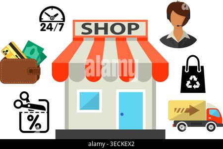 Internet Online Shopping Poster with Flat Icons for e-commerce. Vector illustration. Stock Vector